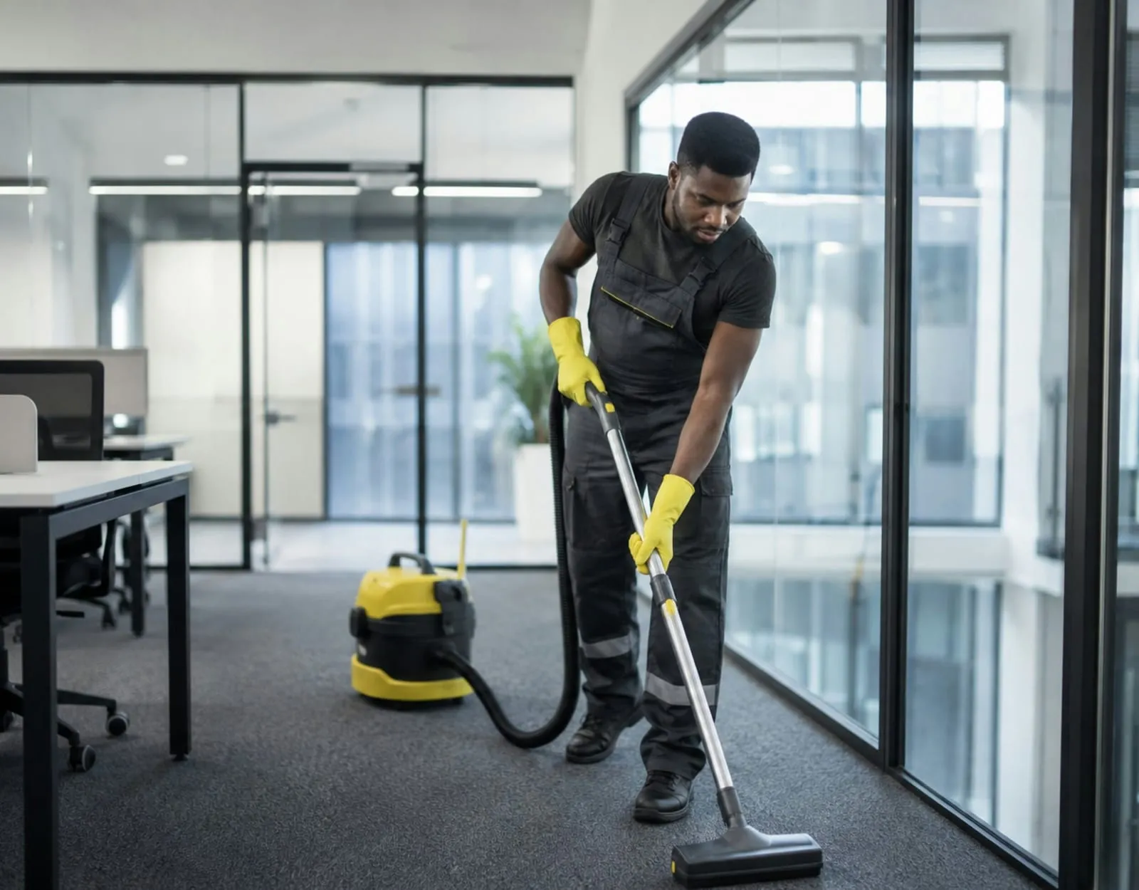 Employé d’entretien passant l’aspirateur dans un bureau lumineux à Québec.
